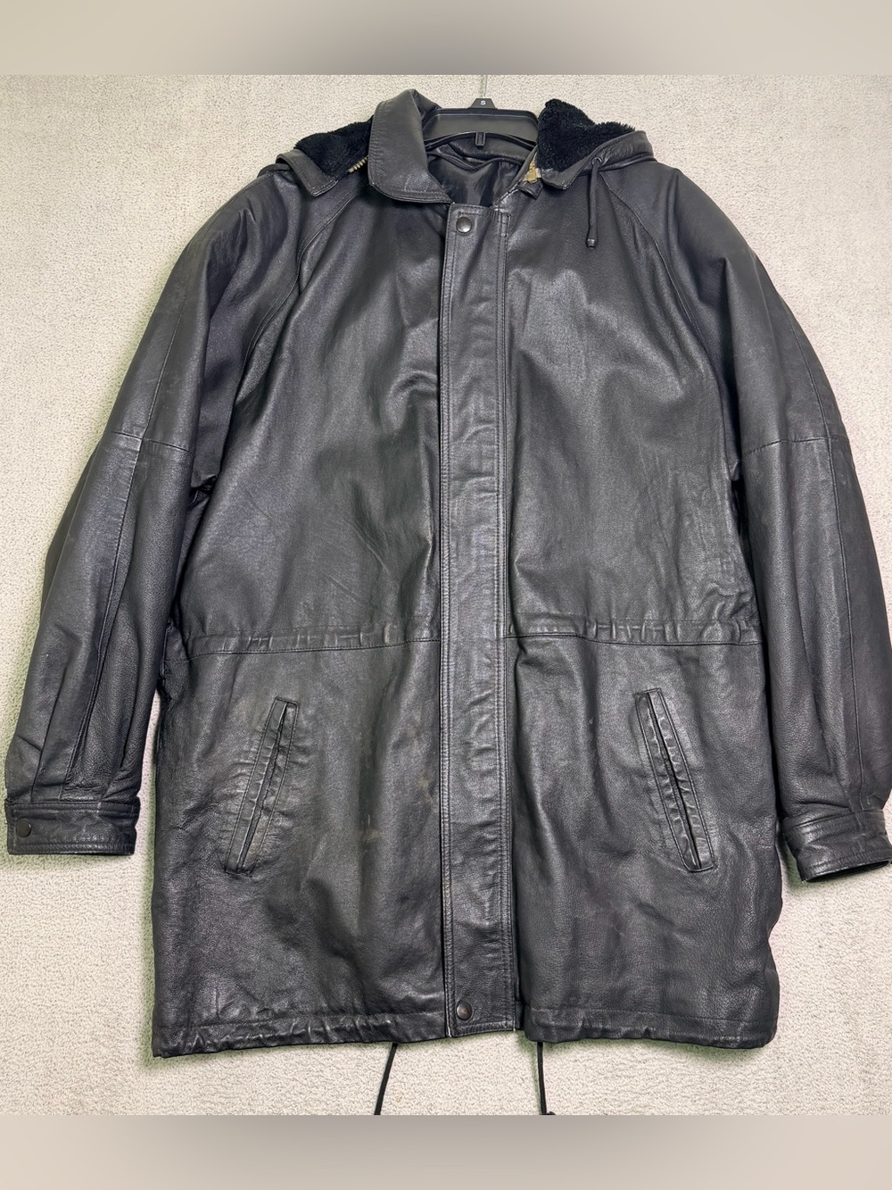 Vtg 90s Protocol Black Genuine Leather Hooded Parka Jacket Men’s XL Heavyweight